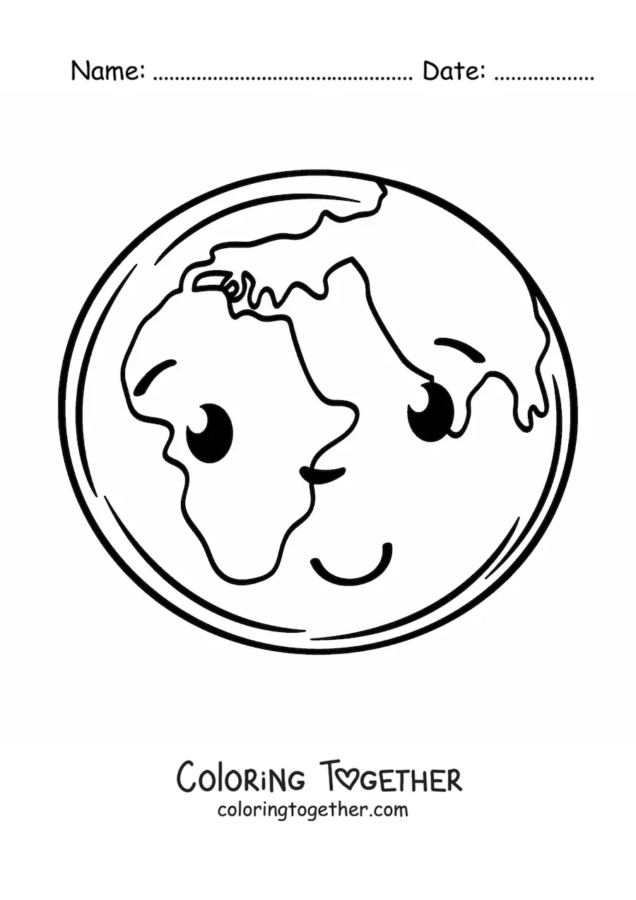 Coloring page of a cute cartoon kawaii planet Earth