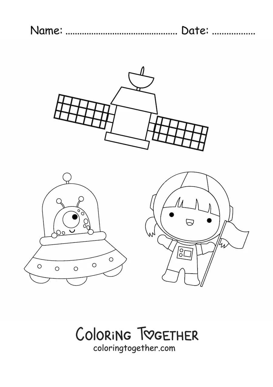 Coloring page of a kawaii astronaut girl with an alien and a satellite