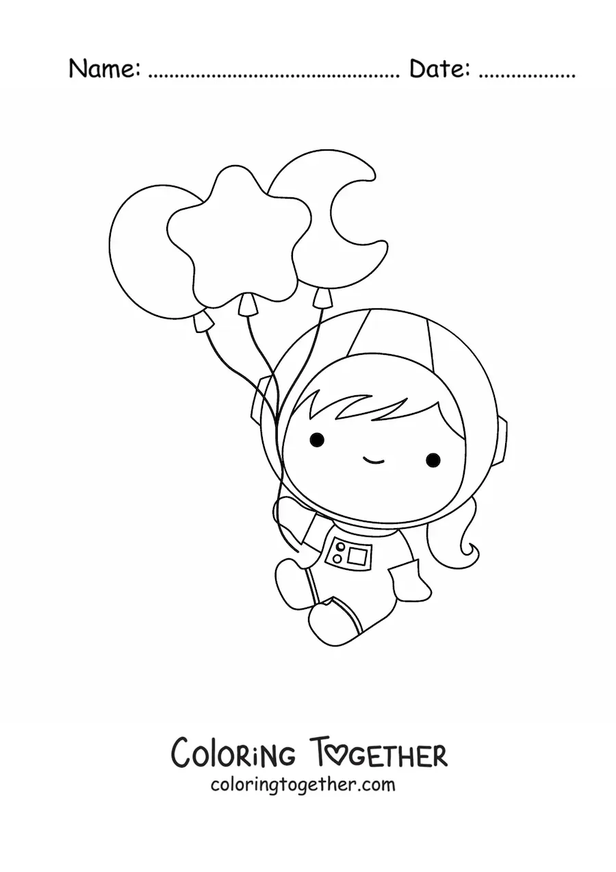 Coloring page of a kawaii astronaut girl floating with star balloons