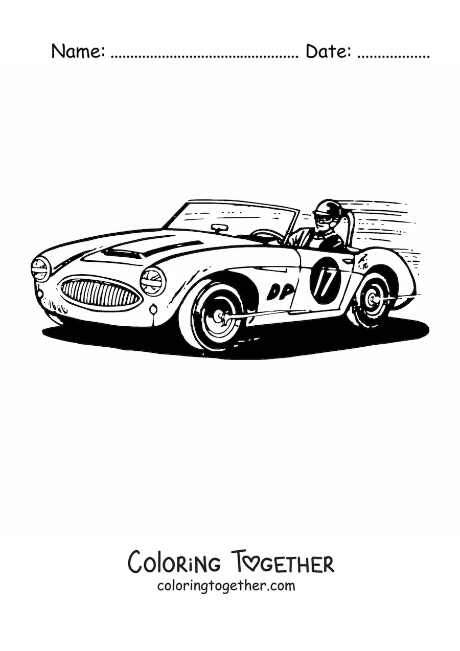 Coloring page of a race car with the number '17' and a driver going at full speed
