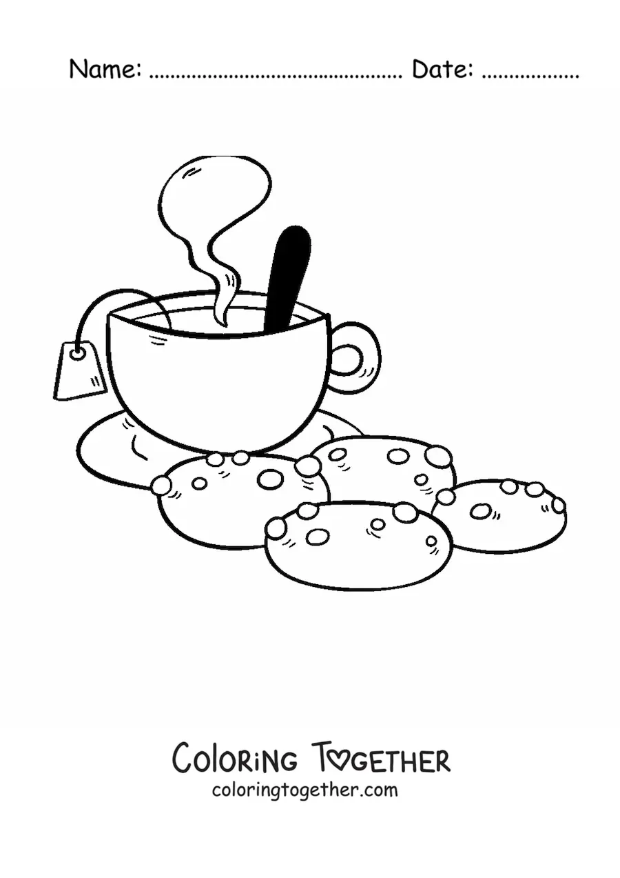 Coloring page of a steaming cup of tea with cookies