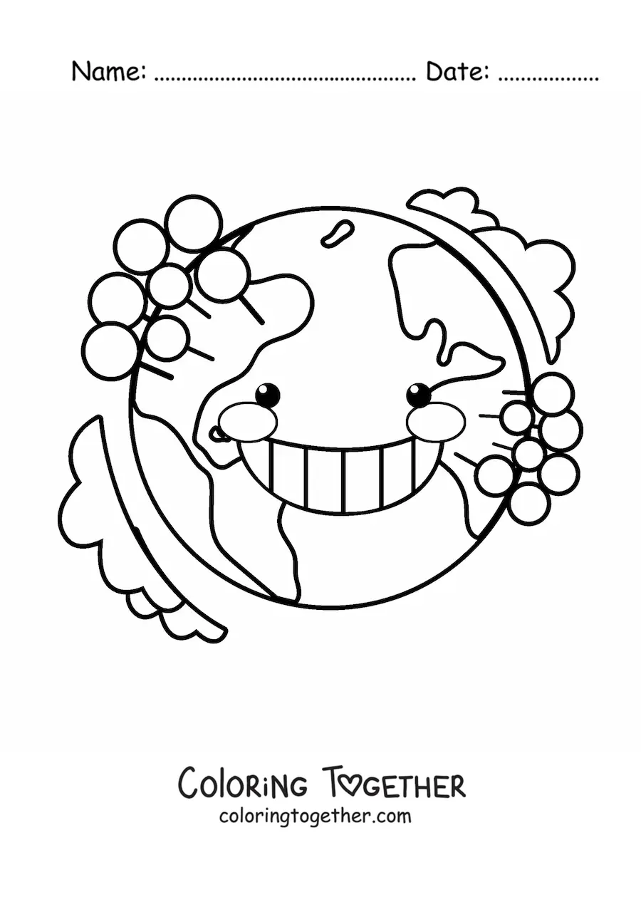 Coloring page of a cartoon kawaii planet Earth with trees and the atmosphere