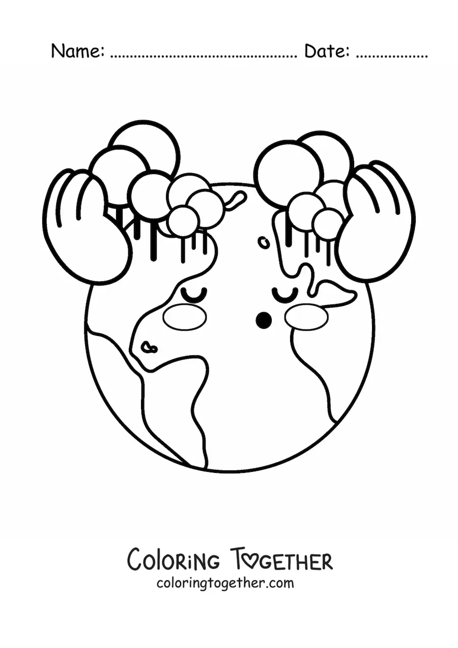 Coloring page of kawaii planet Earth trees producing oxygen