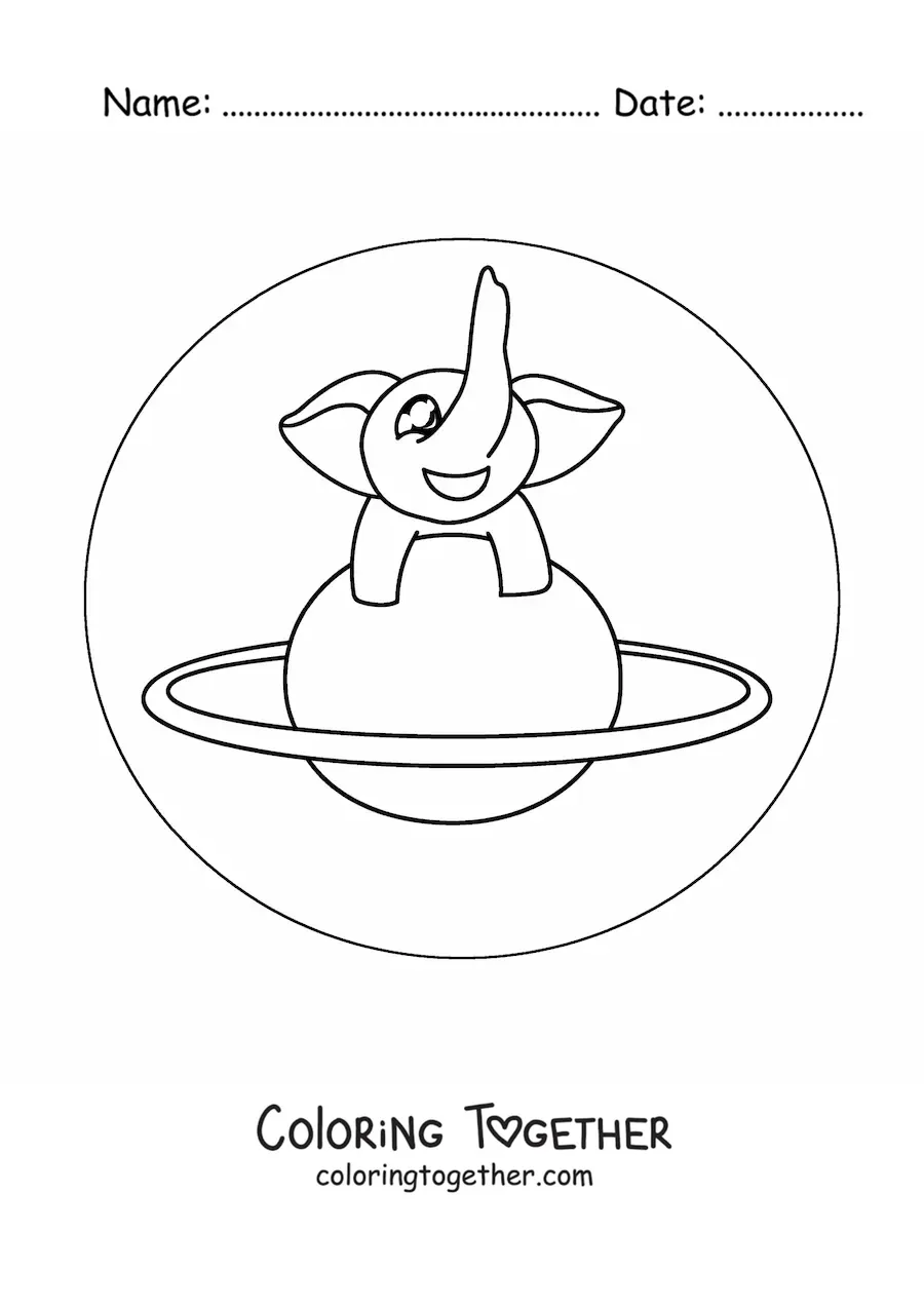 Coloring page of a kawaii elephant on a planet