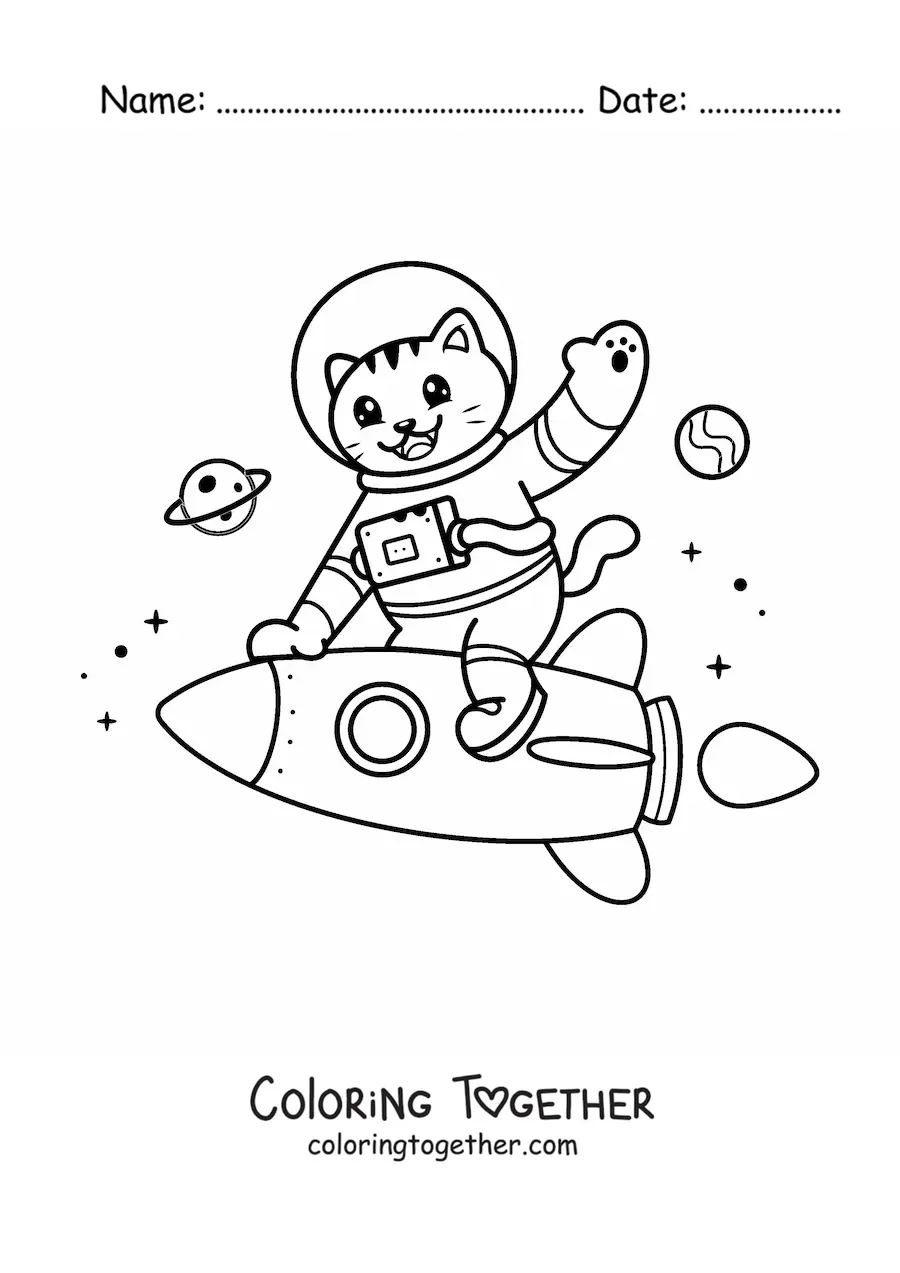 Coloring page of a cartoon kawaii astronaut cat in a rocket in space