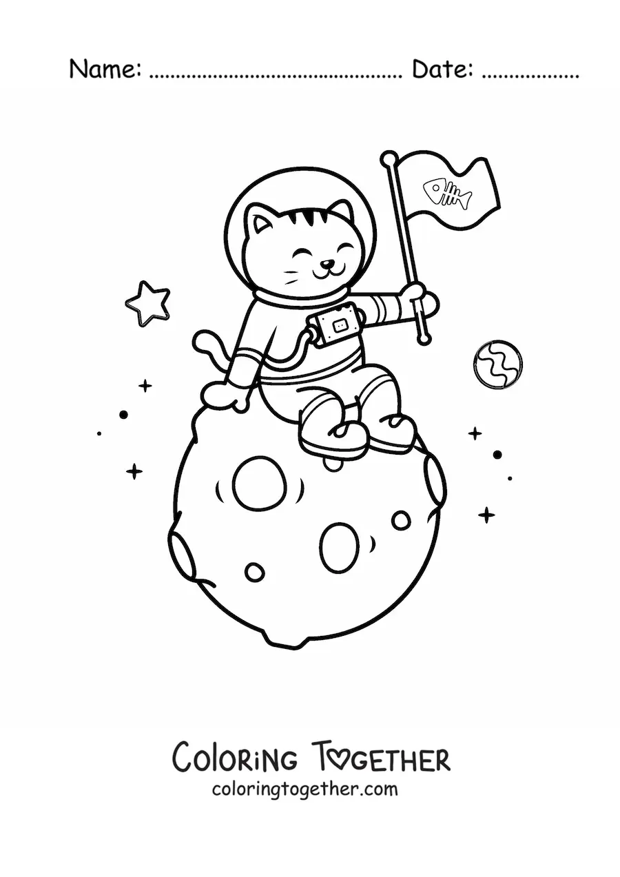 Coloring page of a cartoon kawaii astronaut cat on the Moon