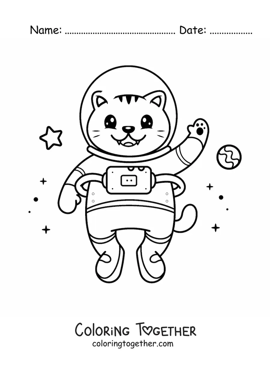 Coloring page of a cartoon kawaii astronaut cat in space