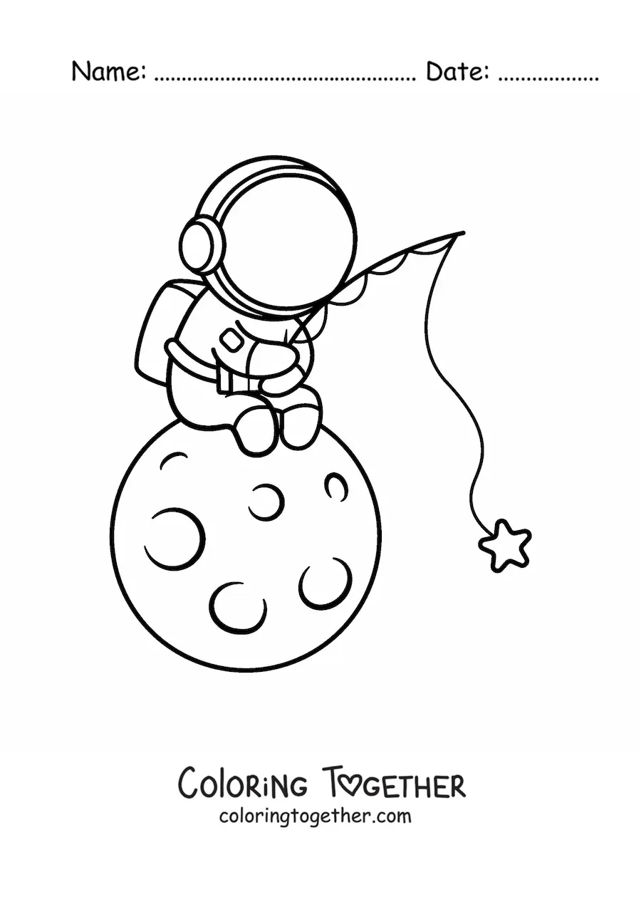 Coloring page of a kawaii astronaut sitting on the Moon fishing for stars