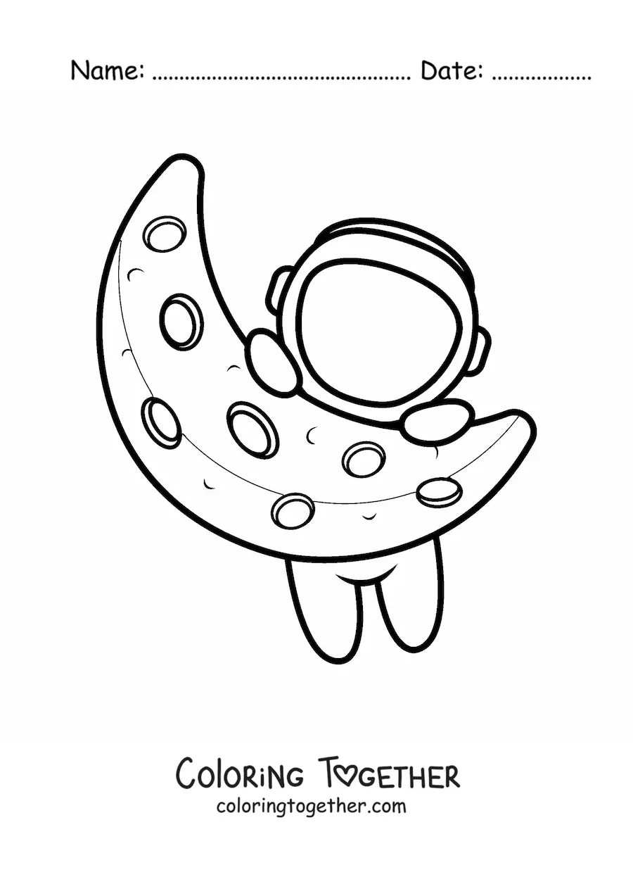 Coloring page of a kawaii astronaut hanging from the Moon