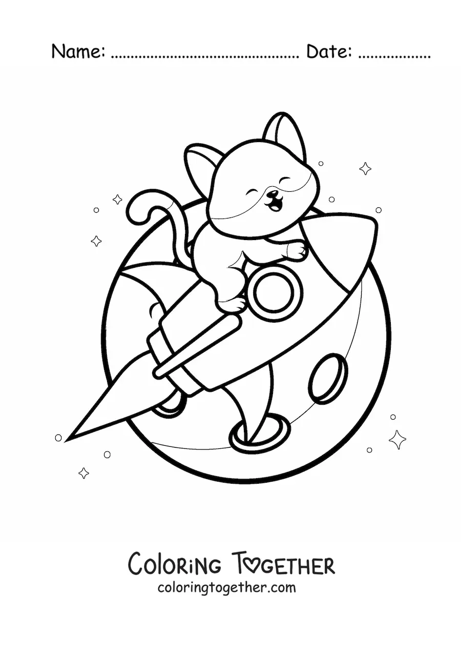 Coloring page of a cartoon kawaii cat in a rocket in space