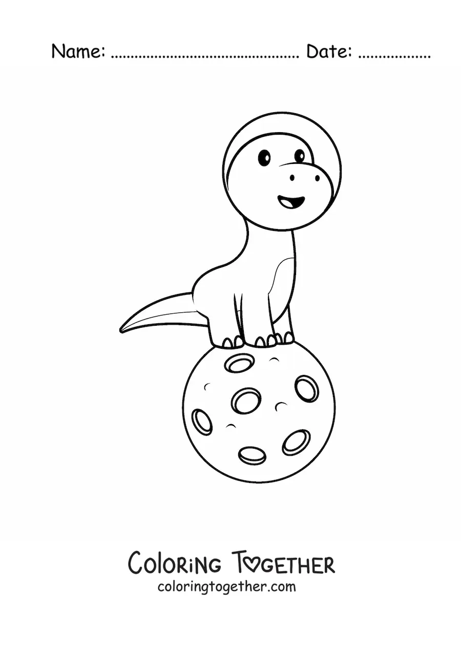 Coloring page of a cartoon kawaii dinosaur on the Moon