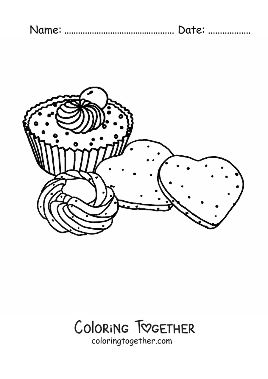 Coloring page of two heart-shaped cookies and a cupcake