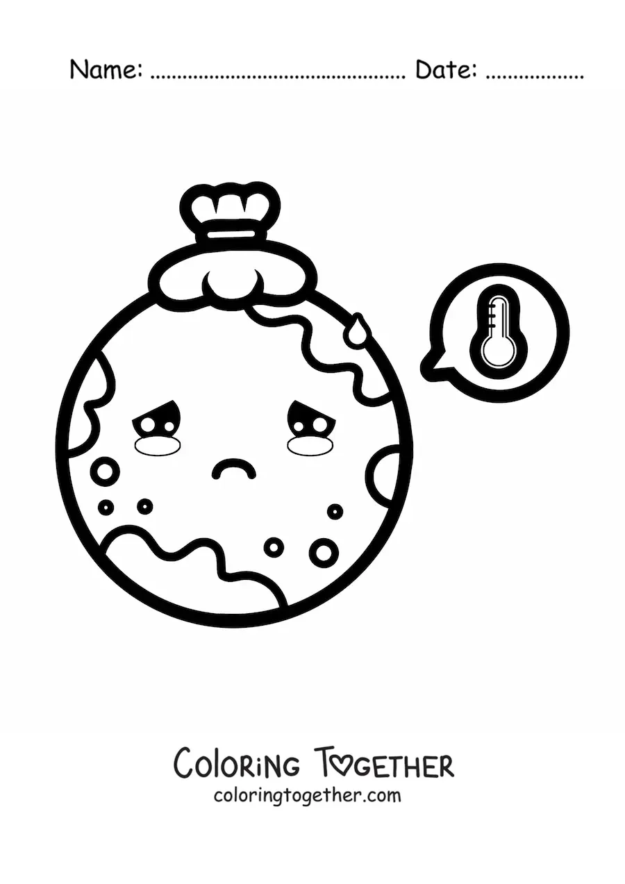 Coloring page of a sick kawaii planet Earth