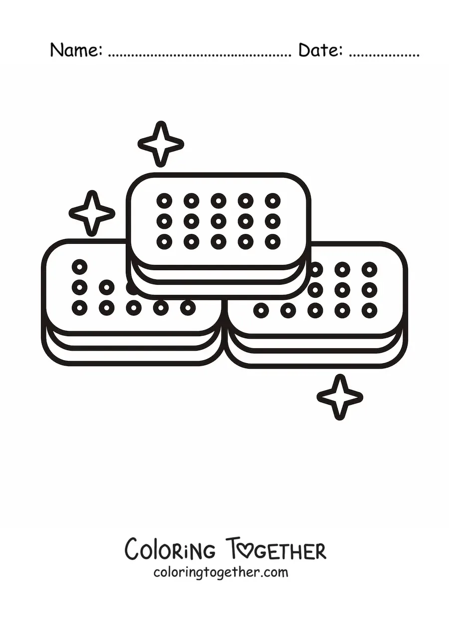 Coloring page of three ice cream sandwiches stacked in a pyramid with sparkles