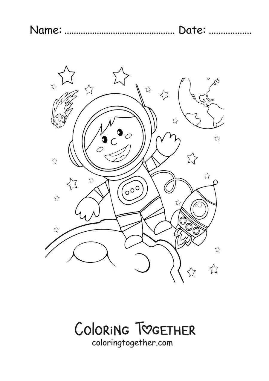 Coloring page of an astronaut with the Moon and stars