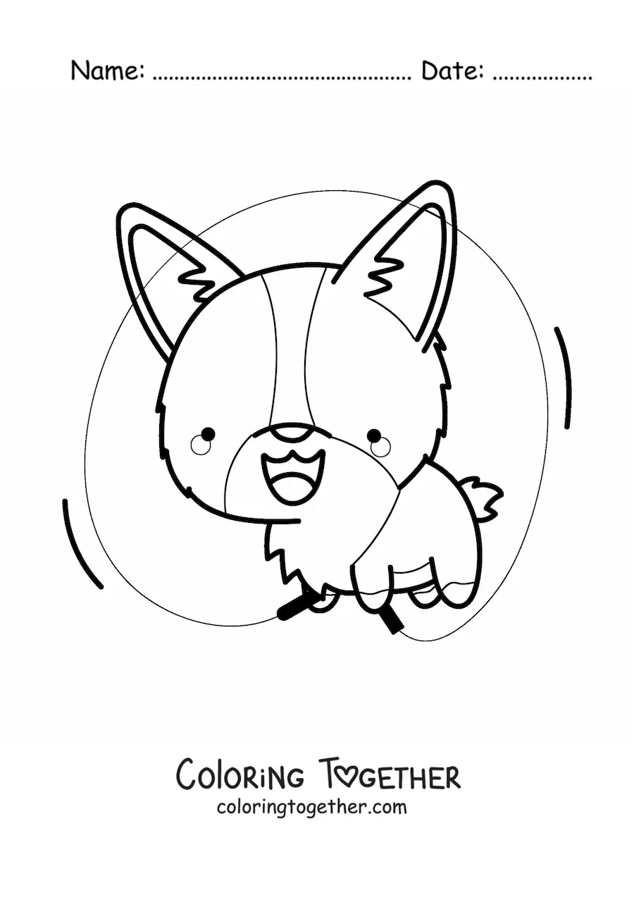 Coloring page of a cartoon kawaii dog jumping rope