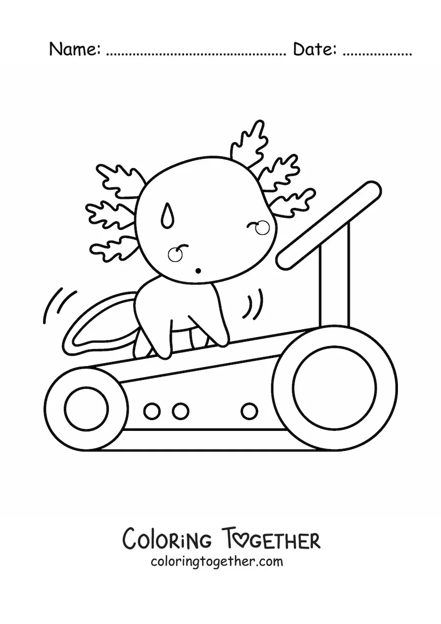 Coloring page of a cartoon kawaii axolotl exercising on a treadmill