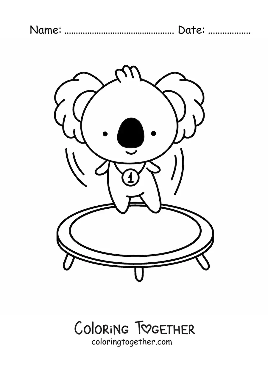 Coloring page of a cartoon kawaii koala bouncing on a trampoline