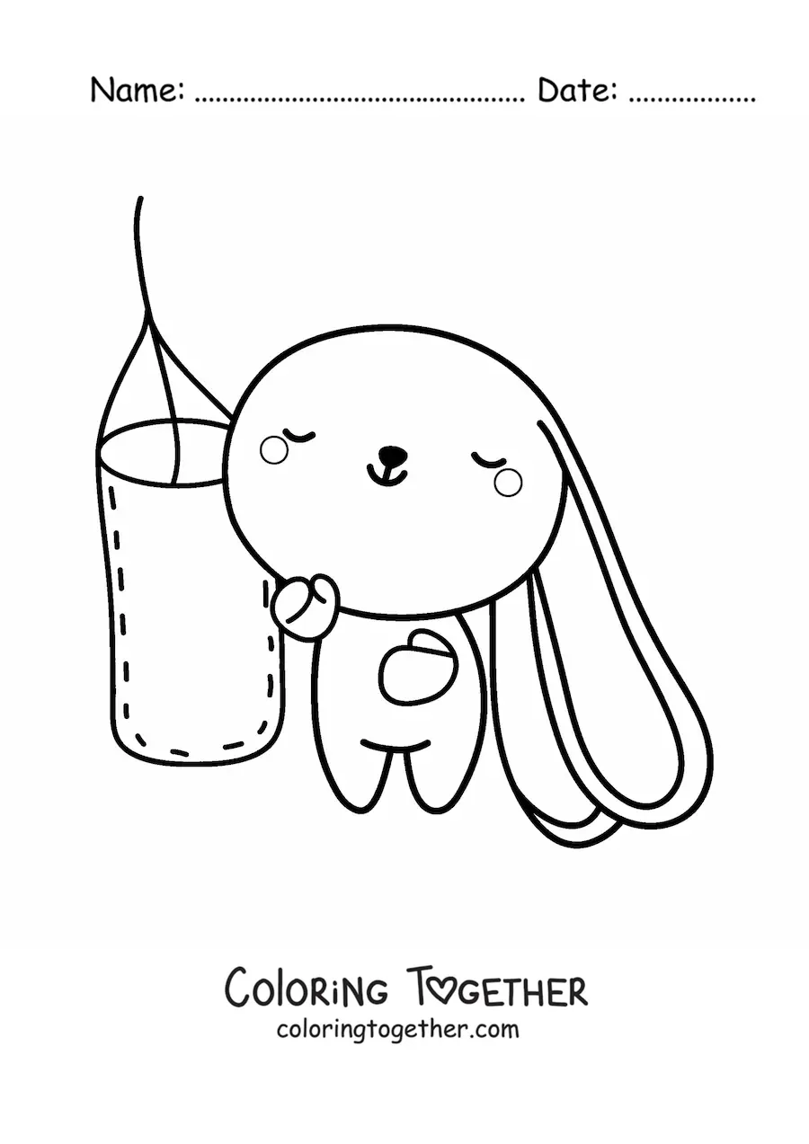 Coloring page of a cartoon kawaii rabbit hitting a punching bag