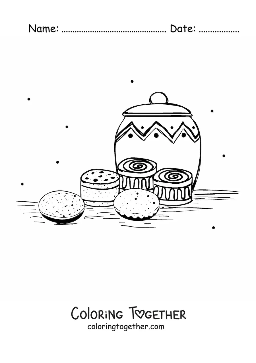 Coloring page of cookies and sweets on a table with a decorated jar in the background