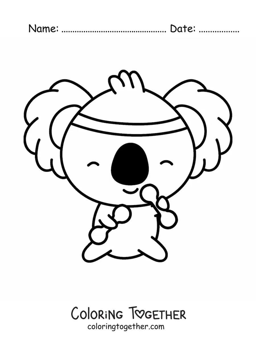 Coloring page of a cartoon kawaii koala exercising with weights