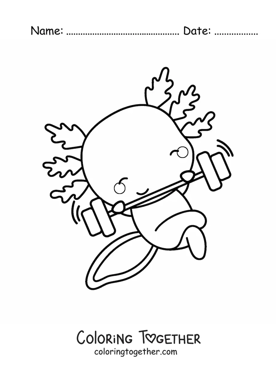 Coloring page of a cartoon kawaii axolotl exercising with a dumbbell