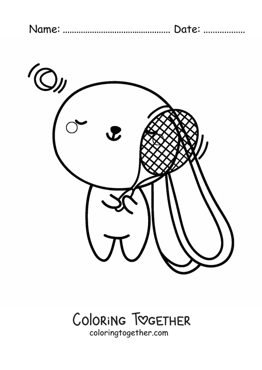 Coloring page of a cartoon kawaii rabbit playing tennis