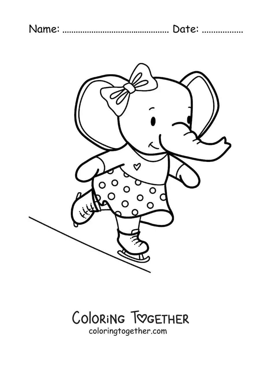Coloring page of a cartoon kawaii elephant ice skating