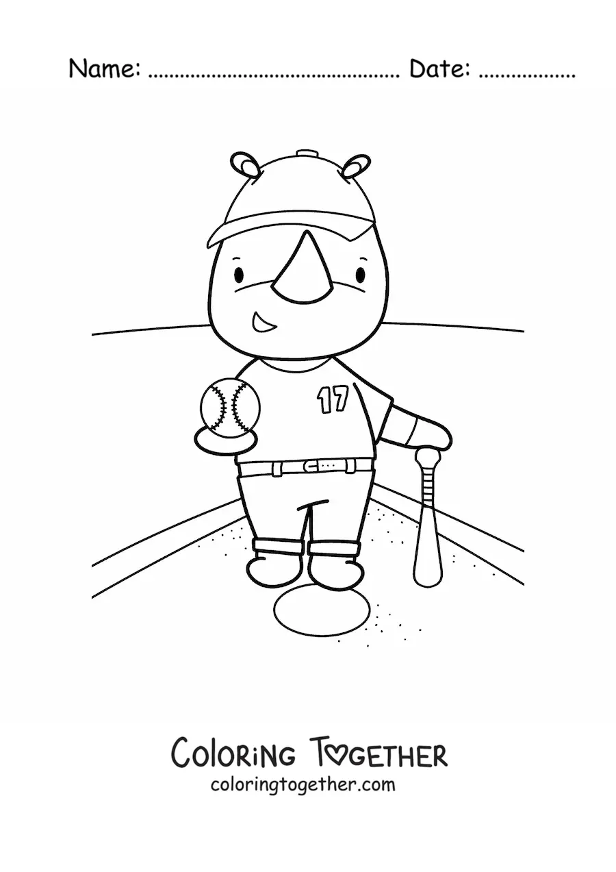 Coloring page of a cartoon kawaii rhino playing baseball