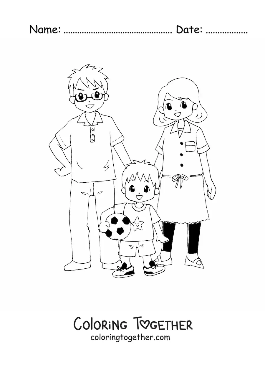 Coloring page of a boy soccer player with his parents