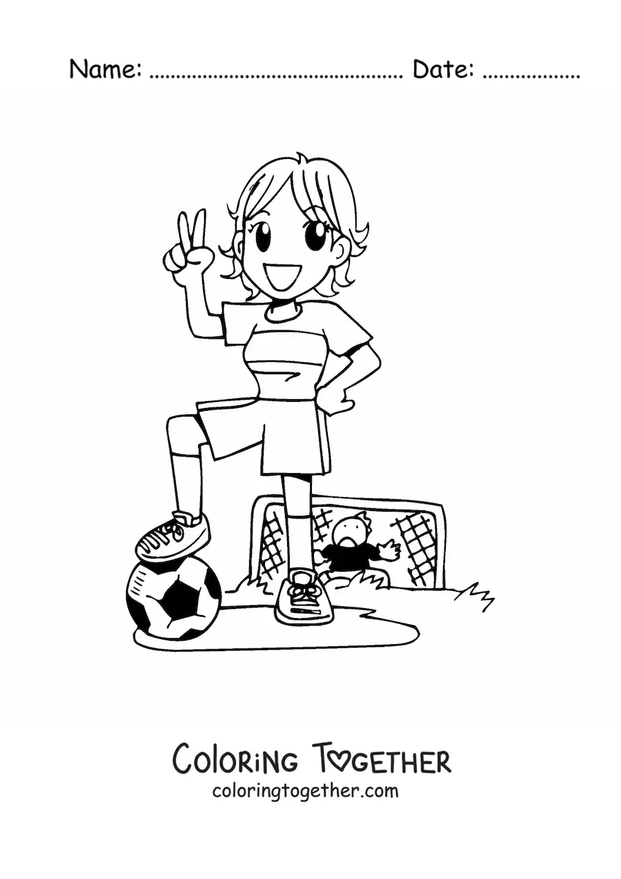 Coloring page of an anime girl playing soccer