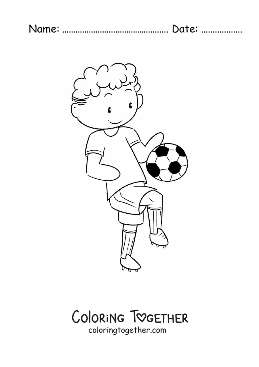 Coloring page of a boy soccer player