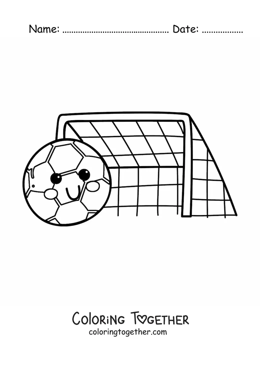 Coloring page of a kawaii soccer ball and goal