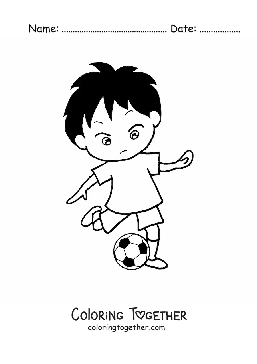 Coloring page of a boy kicking the soccer ball