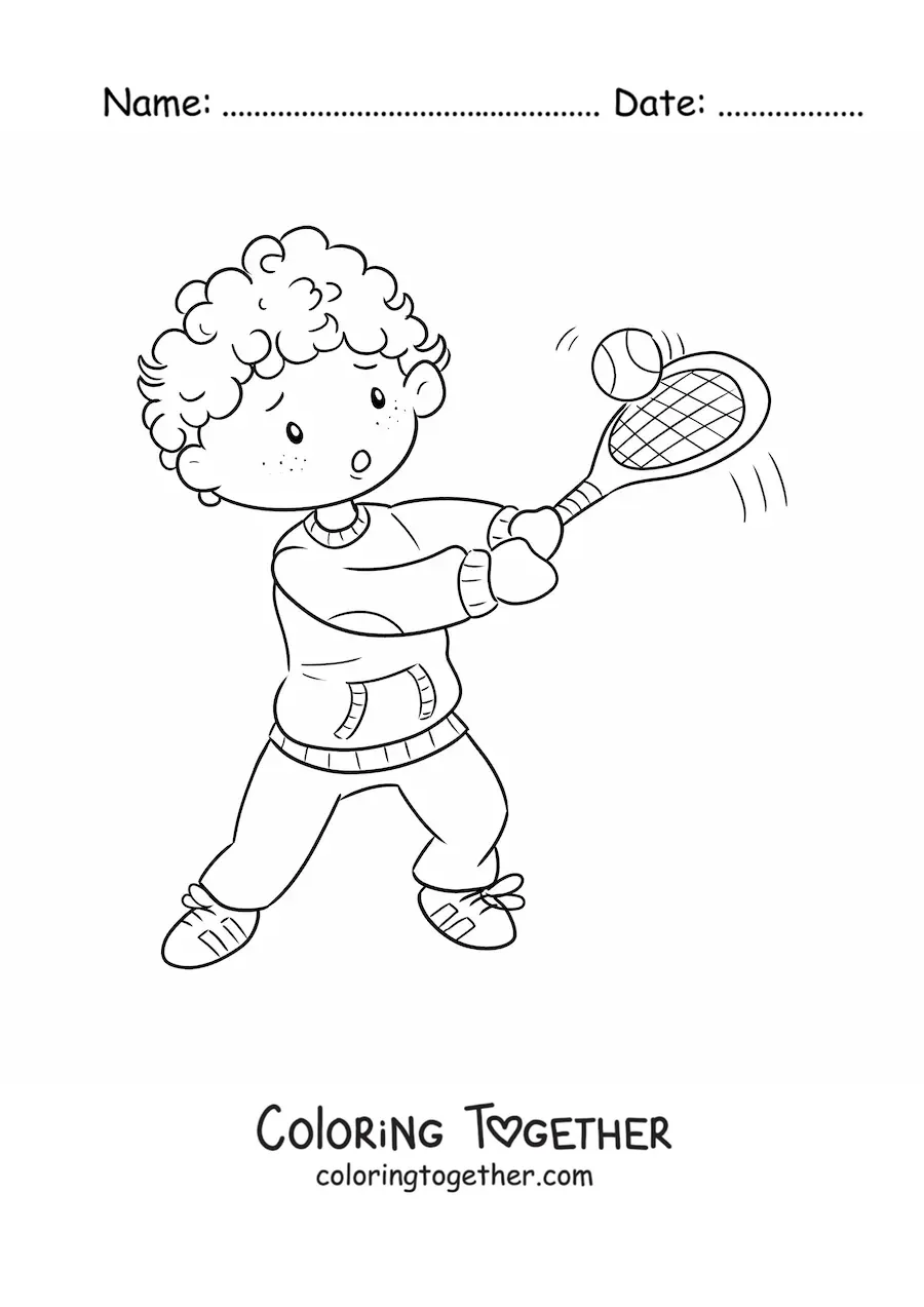 Coloring page of a kawaii boy playing tennis