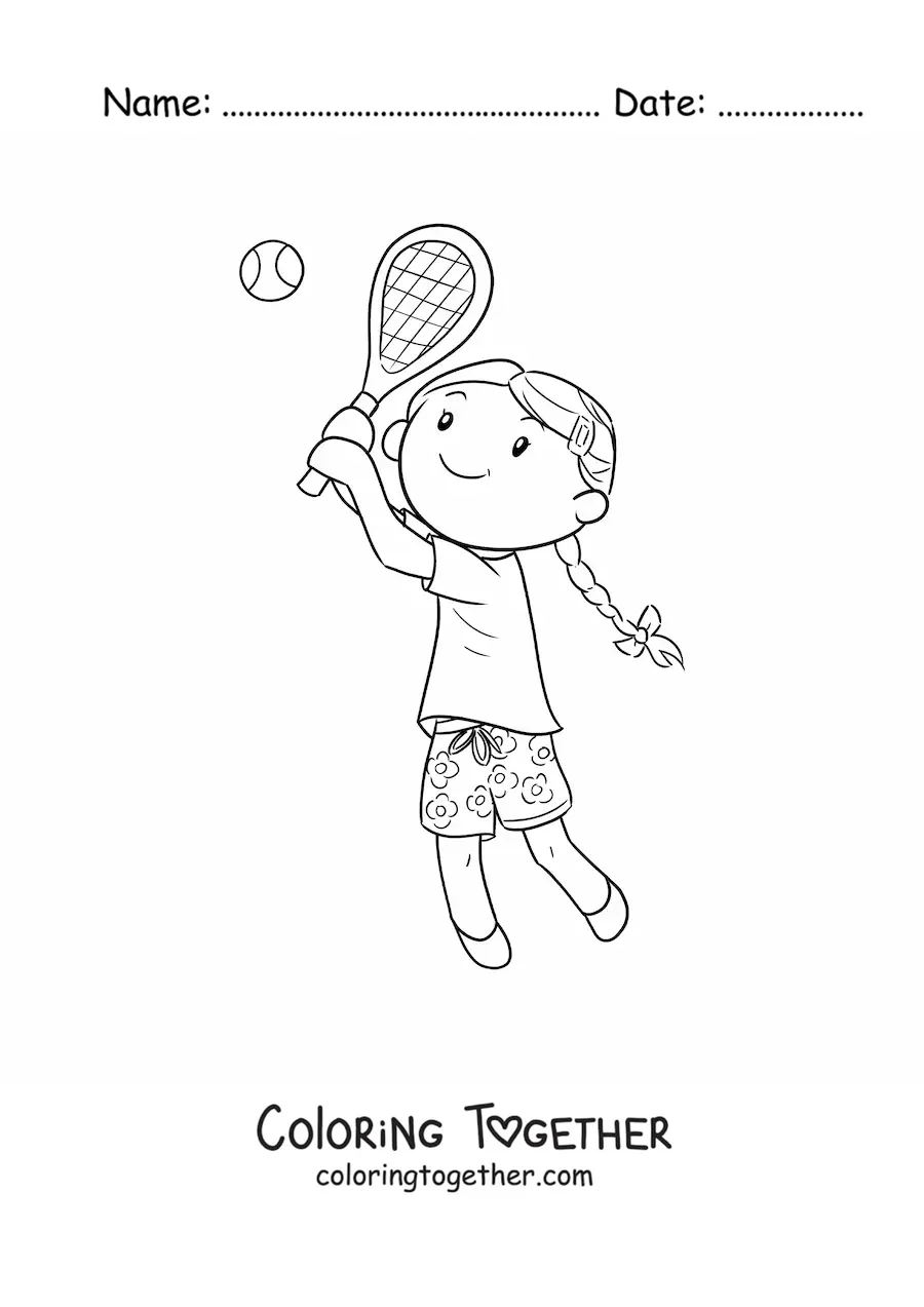 Coloring page of a girl playing tennis