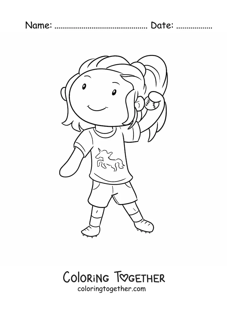 Coloring page of a girl playing baseball