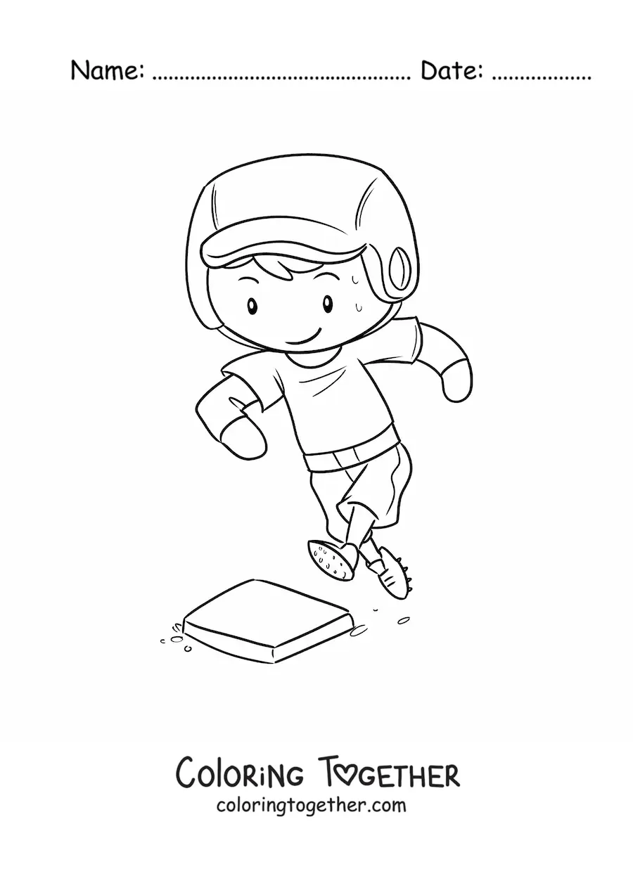 Coloring page of a baseball player running to a base