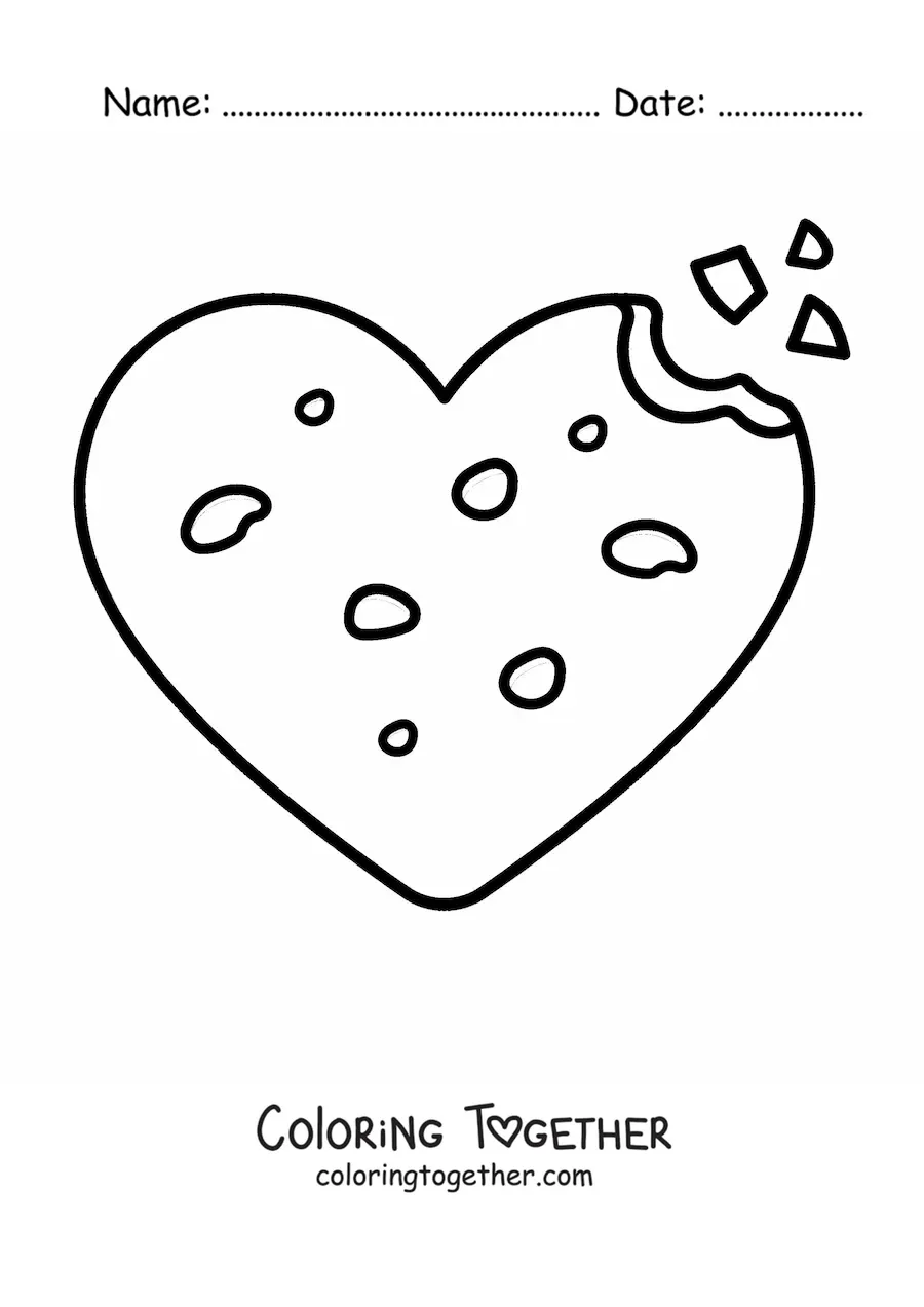 Coloring page of a heart-shaped chocolate chip cookie with a bite taken out