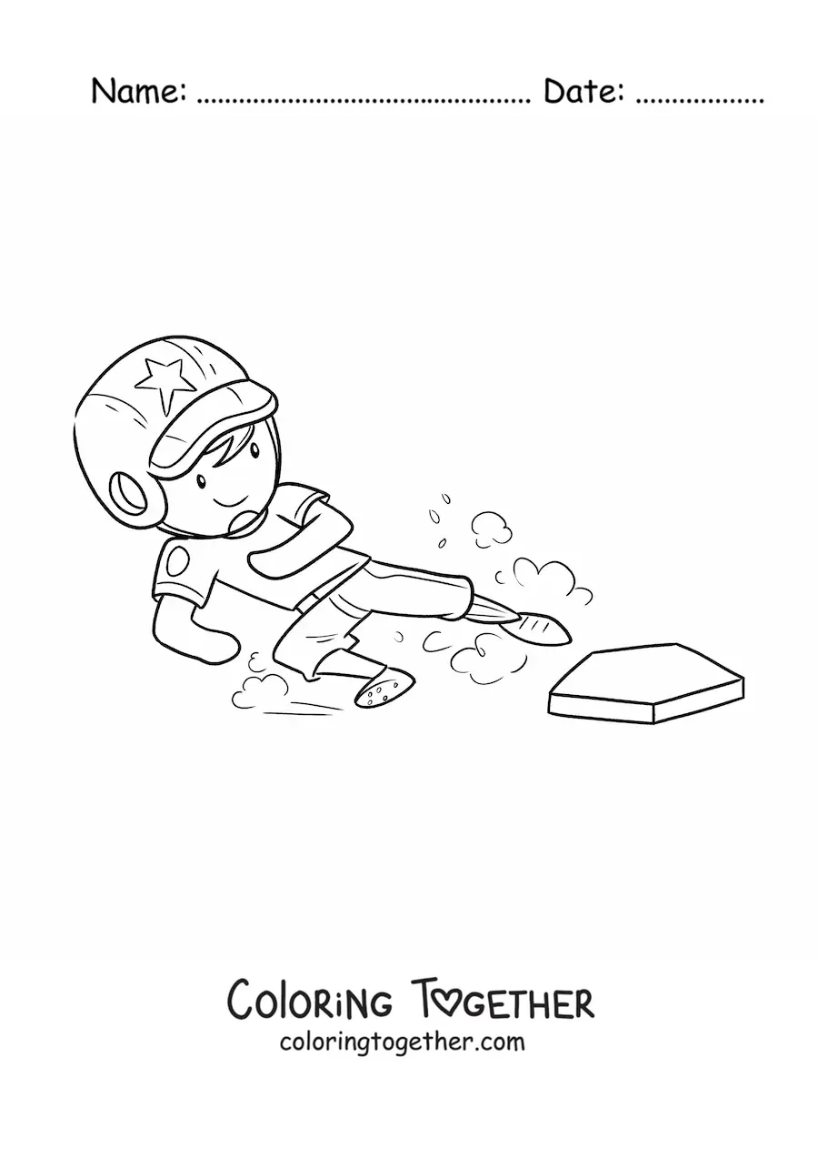 Coloring page of a baseball player reaching a base