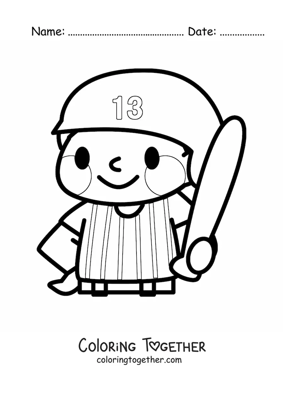 Coloring page of a kawaii baseball player