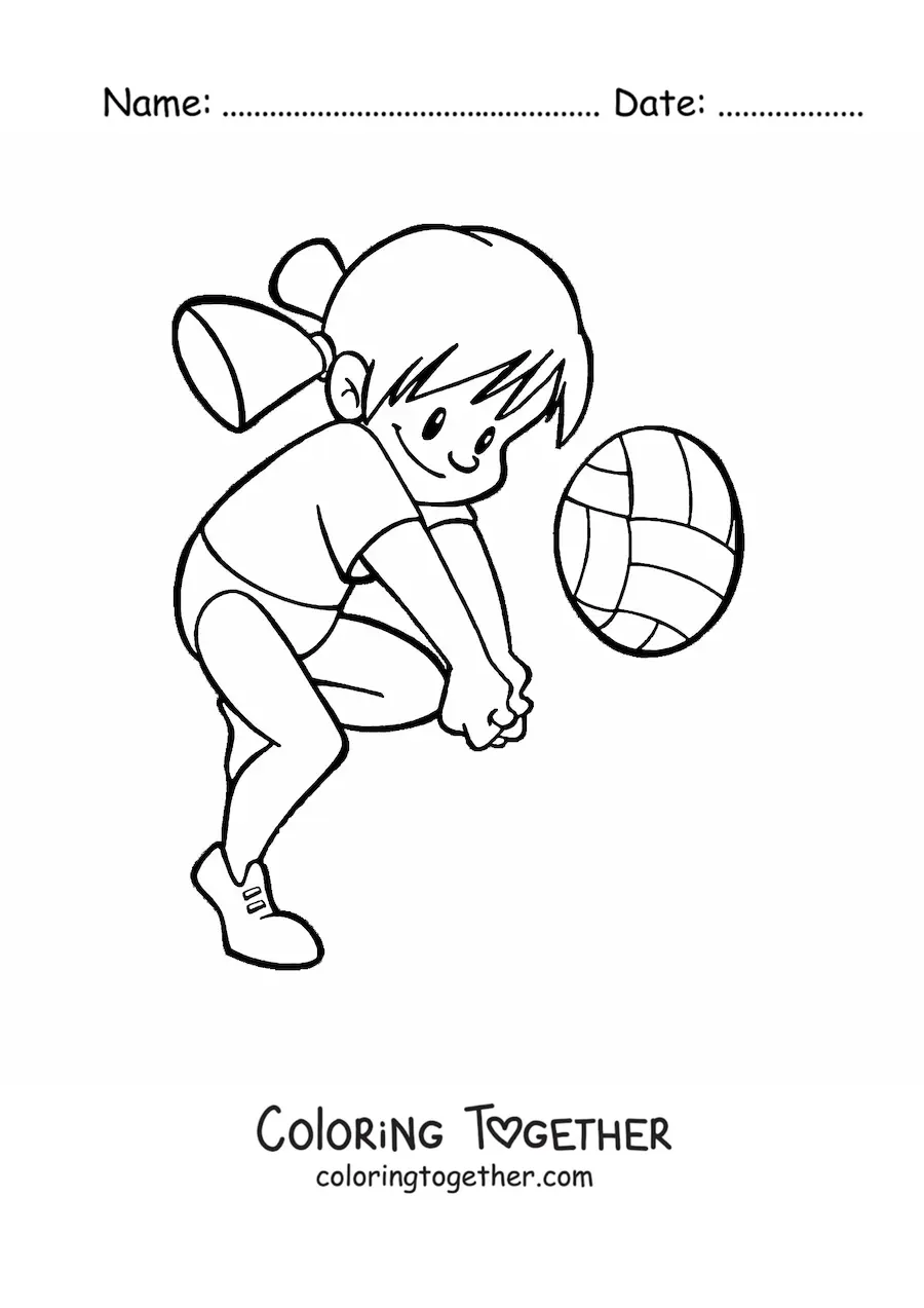 Coloring page of a kawaii girl playing volleyball