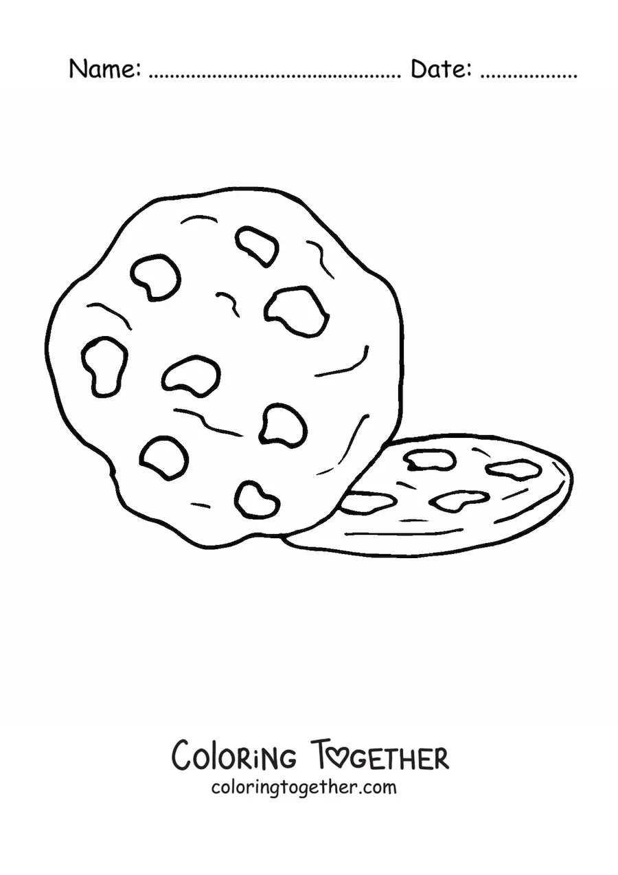 Coloring page of two chocolate chip cookies
