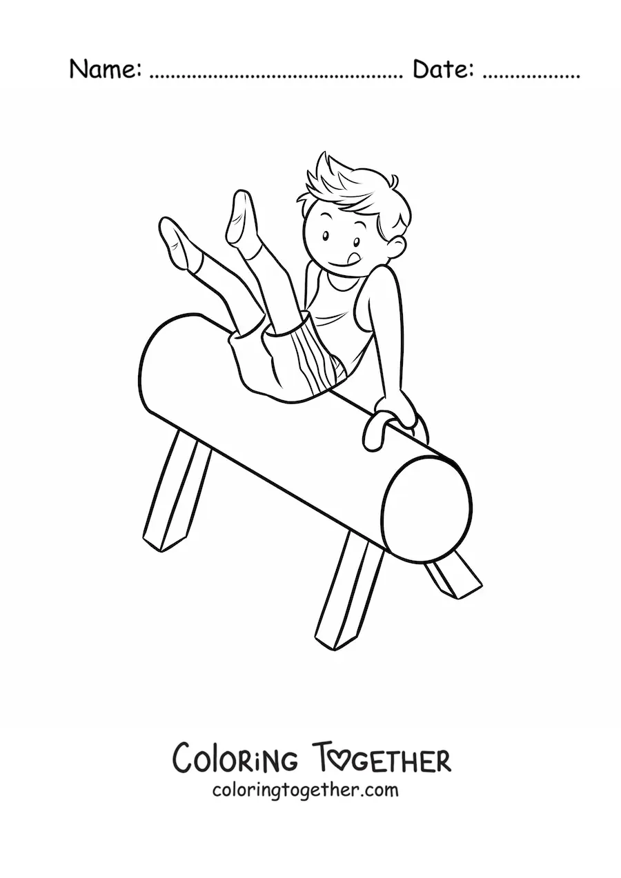Coloring page of a boy gymnast on the pommel horse
