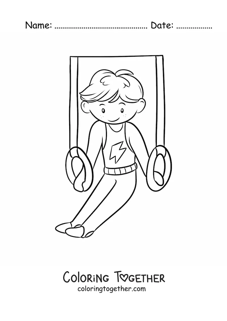 Coloring page of a boy gymnast on the rings