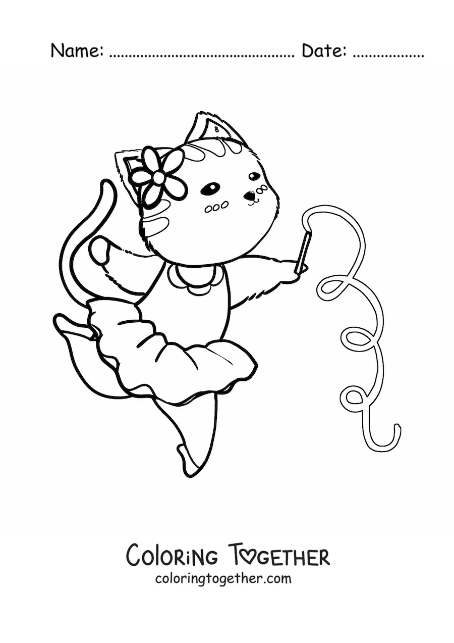 Coloring page of a cartoon cat doing rhythmic gymnastics