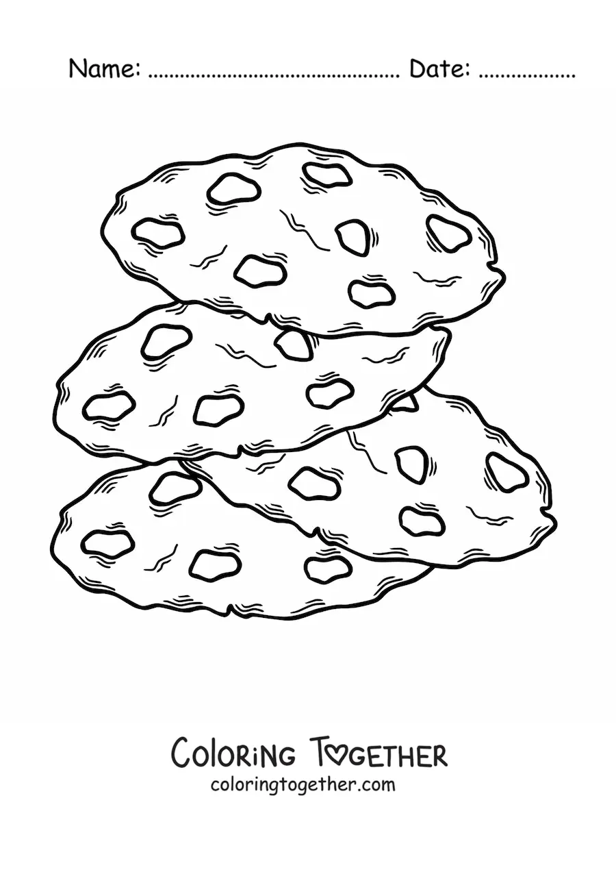 Coloring page of four chocolate chip cookies stacked on top of one another