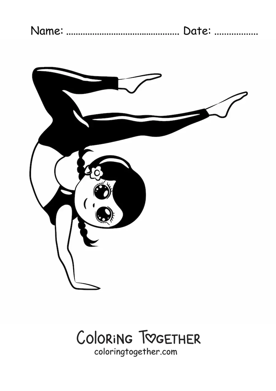 Coloring page of a kawaii girl doing rhythmic gymnastics