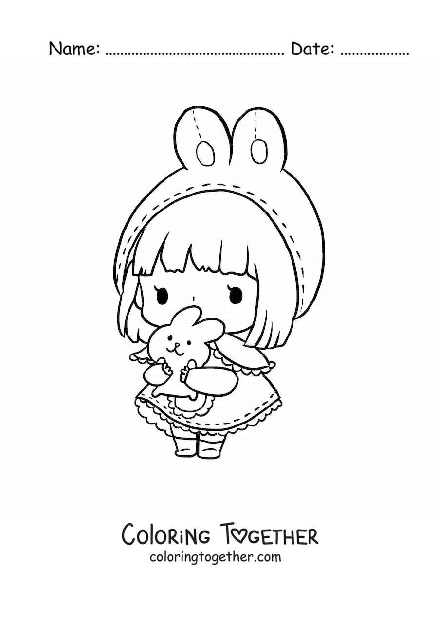 Coloring page of a kawaii doll in a bunny dress