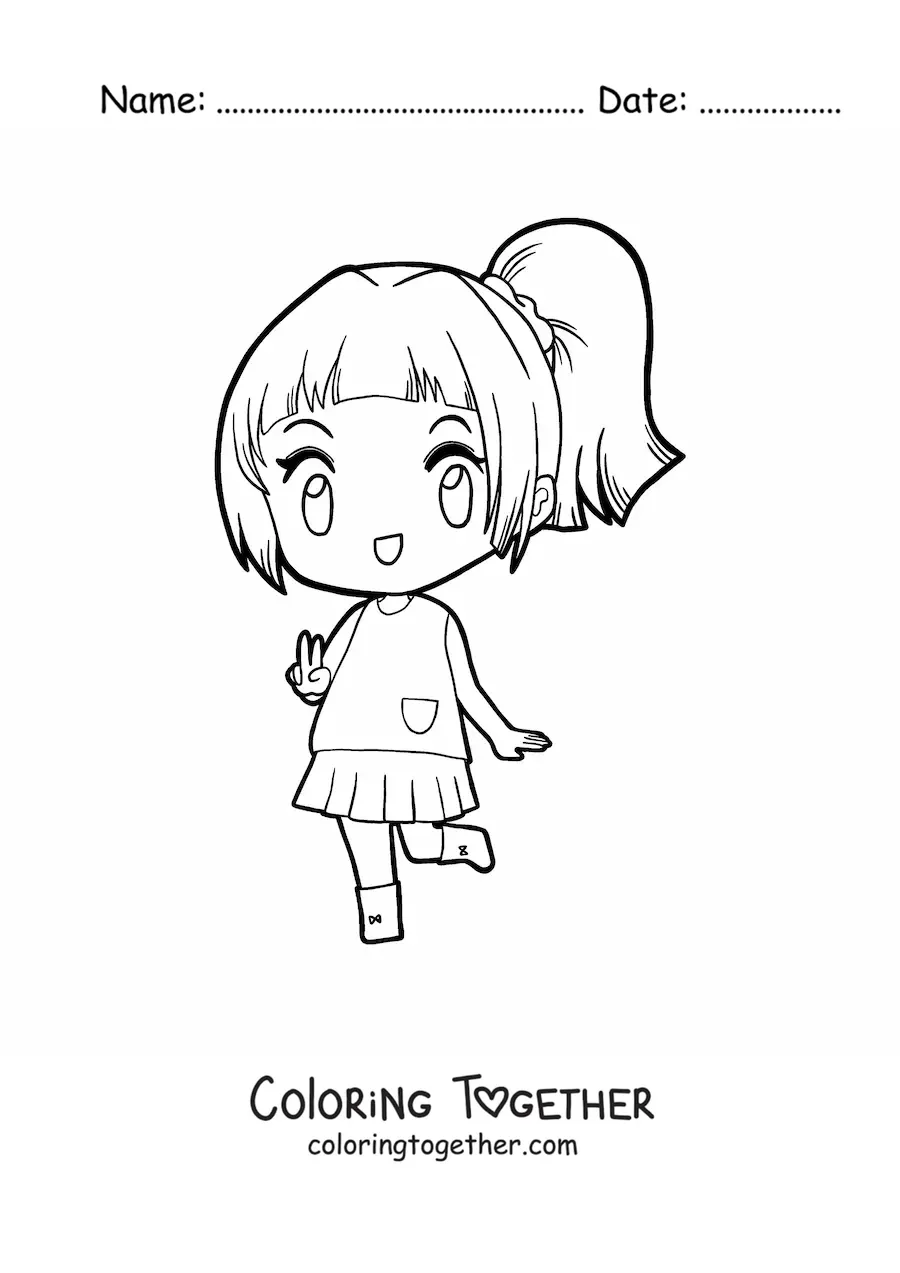 Coloring page of a kawaii chibi doll in a skirt uniform